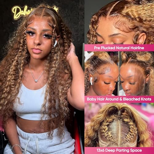 26 Inch Highlight Ombre Lace Front Wigs Human Hair P4/27 Honey Blonde Deep Wave 13x6 HD Lace Front Wigs 200 Density Pre Plucked with Baby Hair Glueless Frontal Wigs for Women