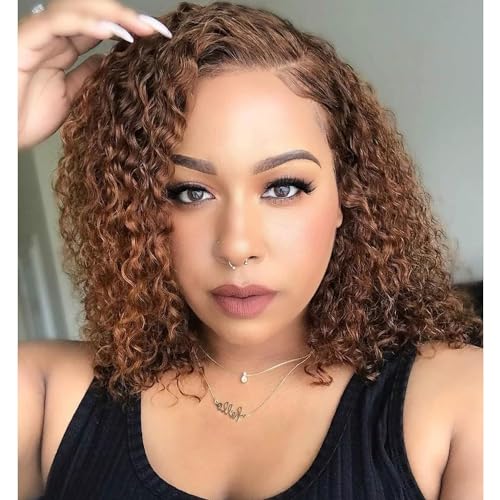 Ombre Brown Curly Brazilian Remy Human Hair Glueless 13¡¿6 HD Lace Front #4/30 Colored Preplucked Deep Part Closure Lace with Baby Hair for Black Women 150% Density 8 Inch