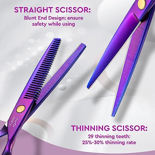 JASON Hair Scissors Professional - 10 PCS Haircut Scissors Set, Thinning Shears for Hair Cutting with 30 Teeth, Straight Shears for Men Women Home Salon Barber (6.7", Purple)