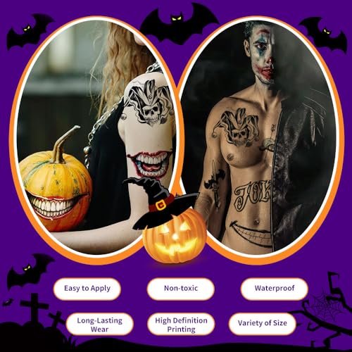 3 Sheets Joker Tattoos, Large-Size Halloween Temp Tattoo for Men, Realistic Waterproof Last-Long Fake Stickers for Suicide Squad Clown HQ Costume Cosplay Party Accessories Masquerade Makeup