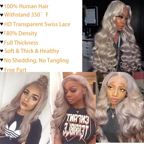 Grey Tranparent Lace Front Wigs Human Hair Pre Plucked 30 inch 13x6 Body Wave Wigs 180% Density Glueless Wig with Baby Hair for Black Women