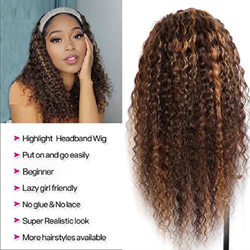 Rebasar Blonde Curly Headband Wig Human Hair Colored Highlight Deep Wave 26 Inch Headband Wigs for Black Women Brazilian Virgin Human Hair Glueless Wear and Go Ombre No Lace Front Wig 4/27 Brown