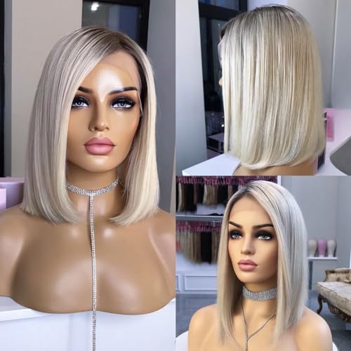 Ombre Platinum Blonde Wig Human Hair with Dark Roots 10 Inch Straight Bob Ash Blonde Lace Front Wigs for White Women 13x4 HD Lace Frontal Pre plucked 150% Density