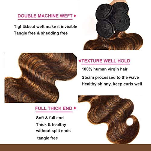 Sunber 12A Ombre Body Wave Human Hair 3 Bundles 100% Brazilian Virgin Human Hair Extensions Brown Highlight Body Wavy Weaves (12 14 16) Inch Piano Color Two Tone FB30 Color