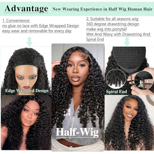 Canaryfly Burmese Curly Half Wigs for Women,3 In 1 Seamless Curly Human Hair Flip Over Half Wigs with Drawstring And Spiral End,200% Density Wear And Go Glueless Headband Wig,Beginner Friendly(26inch)