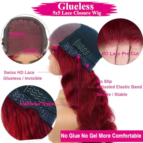Burgundy Lace Closure Wigs 5X5 Body Wave Wear and Go Glueless Human Hair Wig Pre Plucked Pre Cut for Beginners 180 Density 99J Burgundy Lace Closure Wigs Human Hair No Glue Pre Cut Wig 28 Inch
