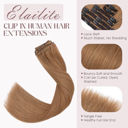 Elailite Clip in Hair Extensions Real Human Hair, Remy Hairpieces for Women, 7PCS Lace Weft Full Head, 22 Inch 130g Light Brown