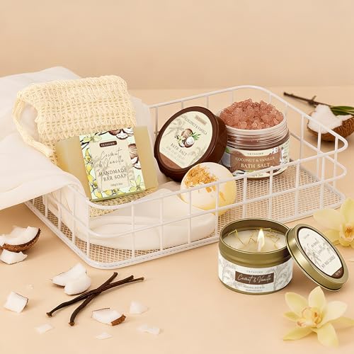 Gifts for Women Happy Birthday Gift Baskets, Bath and Body Gift Set Mothers Day Gifts, Vanilla Coconut Relaxing Home Spa Set Self Care Gift for Mom Sister Her Wife Grandma Girlfriend Friends