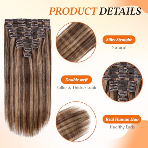 Clip in Hair Extensions Real Human Hair 20 inch, 8Pcs/120g Human Hair Clip in Extensions, Seamless Clip in Hair Extensions Human Hair #4/27 Medium Brown/Dark Blonde, 20 Inch