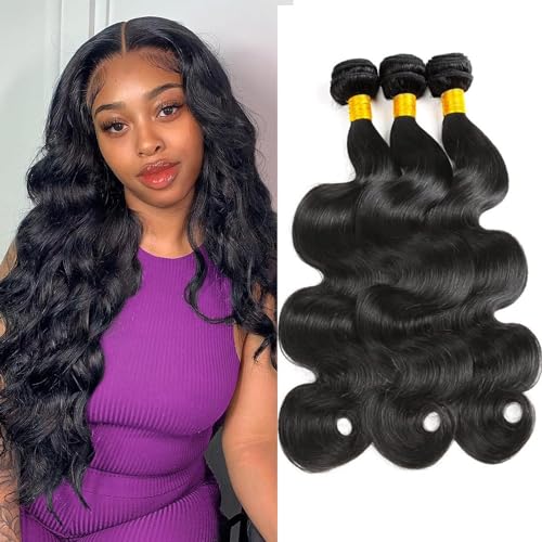 Body Wave Human Hair Bundles 16 18 20 Inch 100% Unprocessed Brazilian Virgin Hair Weave 3 Bundles Human Hair Weft Body Wave Hair Extension for Black Women Natural Black