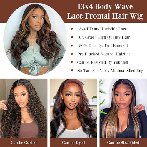 Ombre Lace Front Wig Human Hair 1B/30 Highlight Body Wave Lace Front Wigs Human Hair Colored 13x4 Brown Wig 180% Density Balayage Glueless HD Lace Frontal Wigs for Women 26 Inch