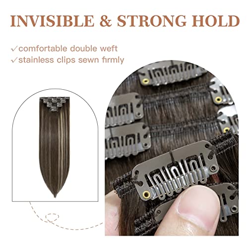 S-noilite Clip in Hair Extensions Real Human Hair 20 Inch Balayage Dark Brown Mixed Chestnut Brown 7pcs 120g Double Weft Thick Silky Seamless Remy Clip in Hair Extensions-#(T2/6)/2