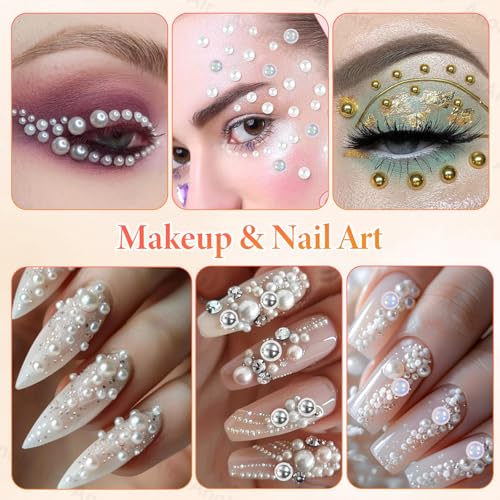 9000Pcs Half Pearls for Crafting, Gold Silver White Flatback Pearls for Bedazzling, Flatback Gold Pearl for Nails, ABS Pearl Nail Beads Gems for Nails DIY Crafts Shoes Clothes Bags DIY Making