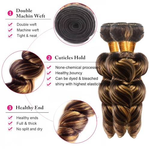 P4/27 Highlight Blonde Bundles Human Hair Loose Wave Bundles 34 34 34 Inch Human Hair Weave 3 Bundle Unprocessed Brazilian Virgin Hair Brown Loose Deep Wave Human Hair Extensions 50 Grams/Bundle