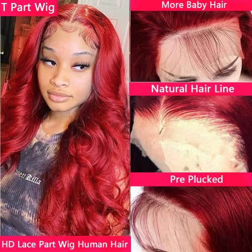 MUPRETTY 30 Inch Burgundy Lace Front Wig, 100% Unprocessed Brazilian Virgin Human Hair, Body Wave, 180% Density, T Part Lace Wig, Natural Hairline