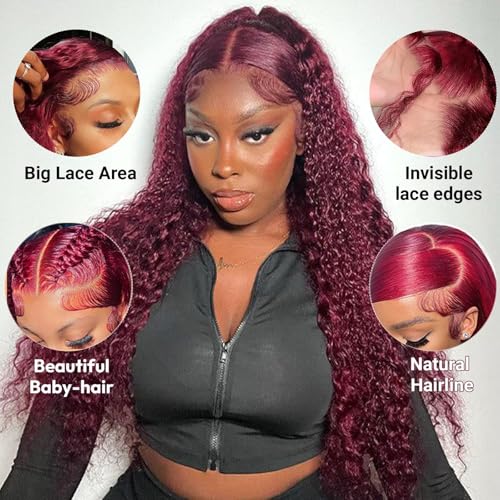 Estilar 99j Burgundy Lace Front Wigs Human Hair Red Deep Wave Lace Front Wigs Pre Plucked with Baby Hair 200 Density Glueless Curly Wig for Women 26 Inch