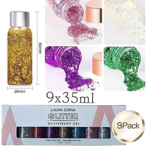 9 Pack Body Glitter Gel, Mermaid Sequin Chunky Glitter Face Hair Nail Lip Glitter Gel Lasting Sparkling Lotion Glitter Liquid Eye Shadow for Festival Birthday Makeup Party