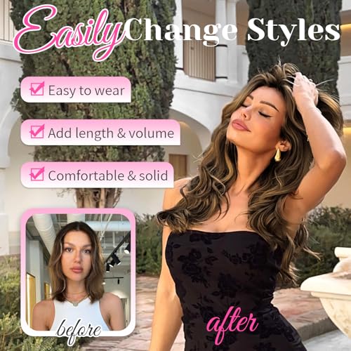 KooKaStyle Short Hair Extensions 6PCS 14 Inch Wavy Curly Hairpieces Synthetic Soft Lace Weft Clip in Hair Extensions-Balayage Dark Brown to Chestnut for Women