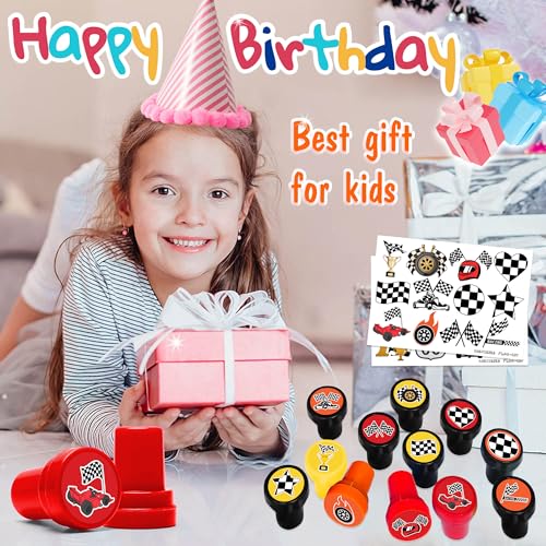 36PCS Checkered Flag Party Favors - 24PCS Temporary Tattoos & 12PCS Stamps - Ideal Black and White Race Flag Themed Birthday Card Decorations Supplies Goodie Bag Cute Rewards for Boys Girls Gifts