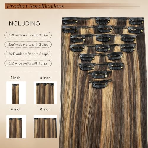 Clip in Hair Extensions Real Human Hair 16inch 8pcs 90g Seamless Balayage Dark Brown Hair Extensions Clip Ins Double Weft Dark Brown Highlight Chestnut Brown Invisible Straight Remy Human Hair