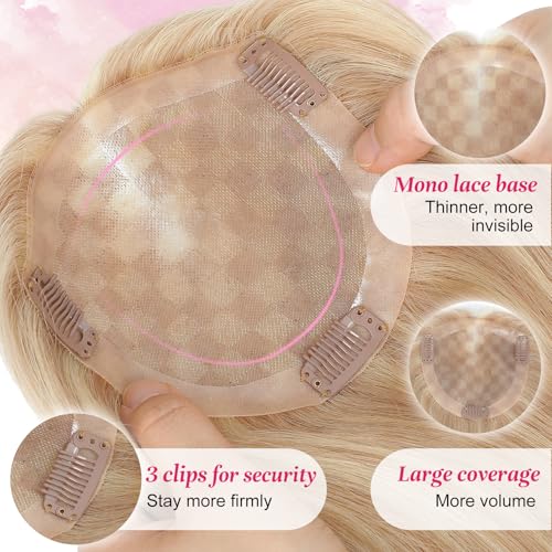 Hair Toppers for Women Real Human Hair 14 Inch No Bangs 65 Gram 100% Real Human Hair Toppers for Women with Thinning Hair 5x5 Hand-Tied Breathable Swiss Lace Base Blonde 3 Clips in Hair pieces,#18/613