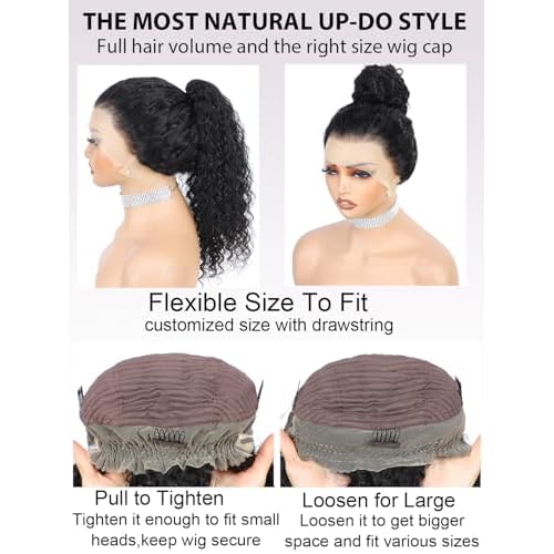 Hidden Strap 360 Drawstring Full Lace Front Wigs Human Hair Pre Plucked 200 Density Deep Wave 360 Invisible Drawstring Glueless Wet And Wavy HD Lace Front Wig Human Hair For Black Women 16 Inch
