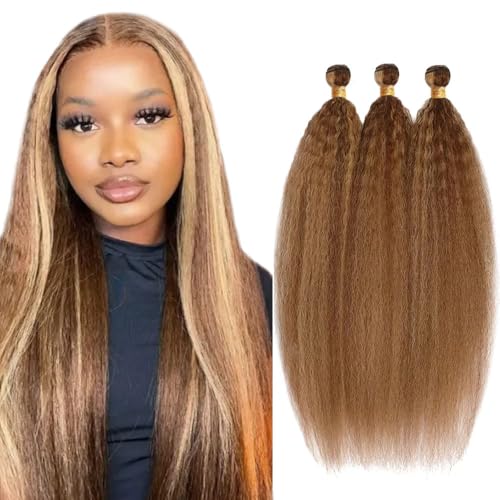 34 34 34 Inch Brown Kinky Straight Bundles Honey Blonde Bundles Human Hair 8A Brazilian Virgin P4/27 Kinky Straight Bundles Human Hair Extensions P4/27 Bundles Human Hair Weave
