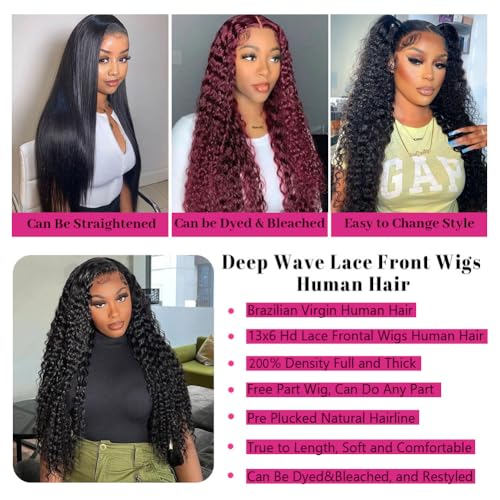 32 Inch Deep Wave Lace Front Wigs Human Hair Pre Plucked 13x6 Deep Wave HD Lace Frontal Wigs Human Hair Curly Wigs for Women 200% Density Deep Curly Glueless Wigs Human Hair with Baby Hair