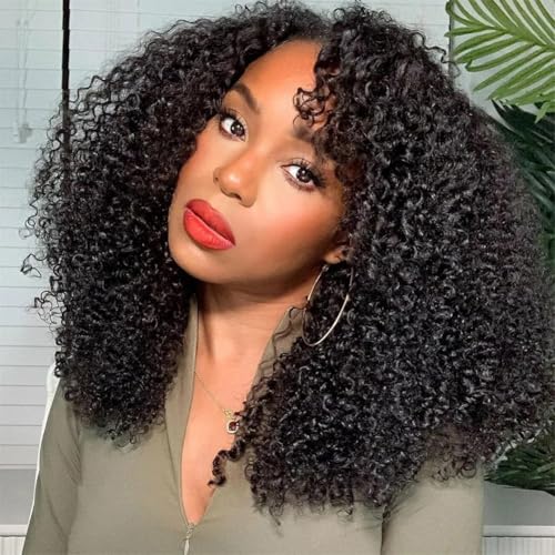 Miss Lee Kinky Curly Half Wig Human Hair 200% Density 3 In 1 Half Wig Glueless Wigs Human Hair Wear and Go Drawstring Seamless Flip Headband Wig for Women Beginner Friendly Natural Black