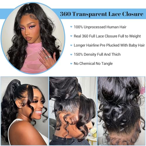 360 Lace Frontal Closure Body Wave Human Hair 12A Full 360 HD Transparent Lace Frontal 360 Body Wave Human Hair Closure 100% Human Hair Natural Black 20 Inch