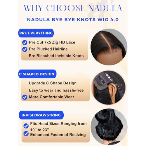 Nadula 7x5 HD Bye Bye Knots Glueless Curtain Bangs Wig with Drawstring, Pre Everything Loose Wave Wigs Human Hair Pre Cut/Plucked/Bleached Invisible Knots, Ready to Wear No Glue, 180% Density 16inch