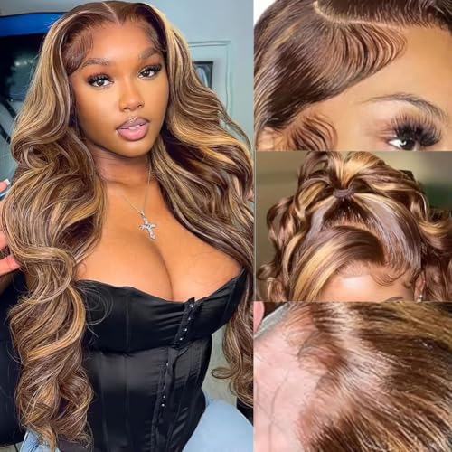 Human Hair Wig 30 Inch 13x4 Ombre Body Wave Lace Front Wigs Human Hair Honey Blonde Wig Pre Plucked with Baby Hair 200 Density 4/27 Highlight Glueless Human Hair Wigs for Black Women