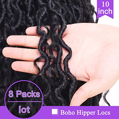 ZRQ 10 Inch Goddess Locs Crochet Hair Short Faux Locs Crochet Braids, 8 Packs Hippie Locs Croceht Hair Pre Looped River Locs With Curly Ends Bohemian Soft Locs Hair Extension 1B#