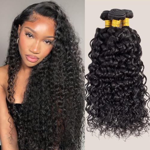 Water Wave 3 Bundles Human Hair (20 22 24 Inch) 100% Unprocessed Brazilian Virgin Human Hair Bundle Double Weft Water Curly Wave Bundle For Black Women Wet and Wavy 3 Bundles Natural Black
