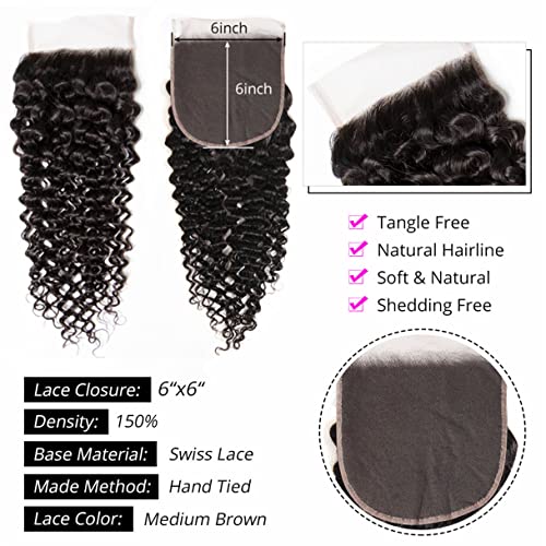 Brazilian Kinky Curly 6x6 Lace Closure 100% Unprocessed Human Virgin Hair Pre Plucked Jerry Curly Pre-Plucked Hairline Deep Curly Closure Natural Black With Baby Hair (22inch, curly 6x6 closure)