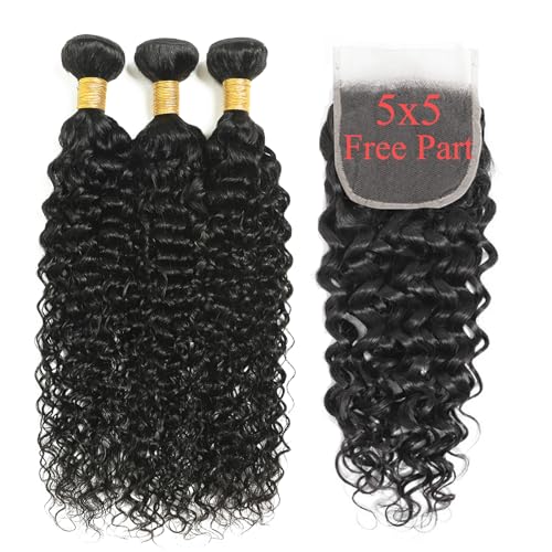 Water Wave Bundles with Closure Human Hair Wet and Wavy 22 24 26 inch 100% Unprocessed Virgin Human Hair Bundles with 18 inch Closure 5x5 Lace Free Part