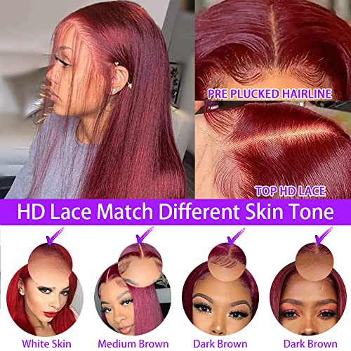 CHEETAHBEAUTY 99j Burgundy Lace Front Wigs Human Hair 24Inch 13x6 Burgundy Wig Human Hair 220% Density Brazilian Virgin Straight Human Hair Wigs for Women Pre Plucked with Baby Hair