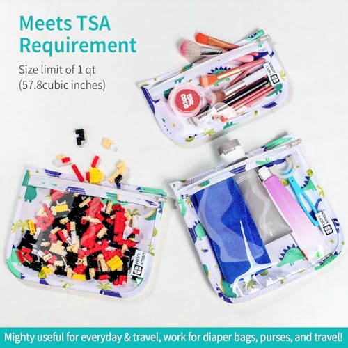 TSA Approved Toiletry Bag, Set of 3 Clear Travel Toiletry Bag Quart Size Zipper Travel Pouch, Waterproof Makeup Cosmetic Bag for Women Men Kids Toiletries Carry on, Dinosaur White