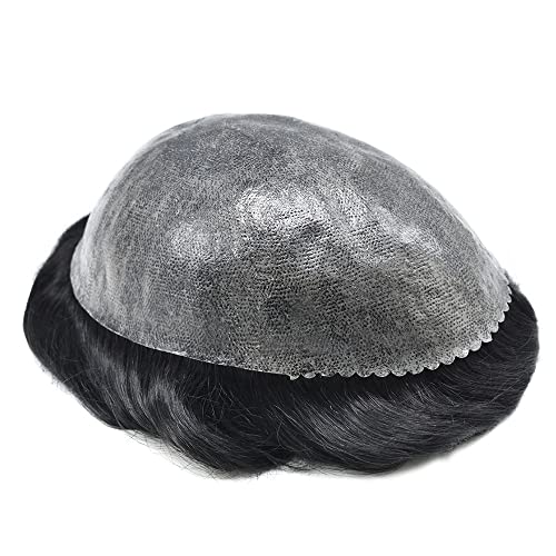 Mens Toupee Hunman Hair Replacement System Transparent Full Poly All Injected Pu 0.10mm Toupee For Men Hairpiece #1 Jet Black-120% Density