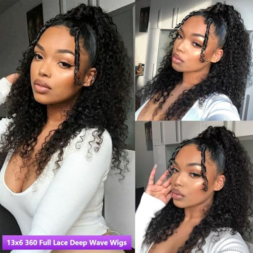 360 Deep Wave Lace Front Wigs Human Hair 200% Density 360 HD Lace Front Wigs Deep Wave Pre Plucked With Baby Hair Curly Full Lace Wig with Adjustable Straps for Women (32 Inch)