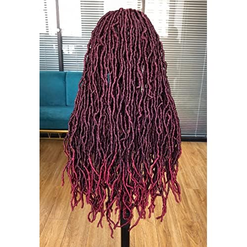 Annivia 32Inch Full Double Lace Box Braided Wigs for Black Women Faux Locs Square Knotless Wigs with Baby Hair Long Dreadlock Wig Natural Black Hand-braided Synthetic Twist Lace locs Wig Ombre Red