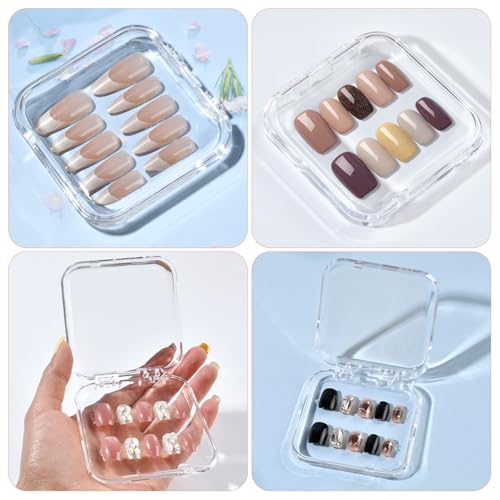 48 Sets Press On Nail Storage Box, Clear Artificial Nail Display Case Acrylic Nail Boxes Press On Nail Packaging Box, Adhesive Double Sided Tape Nail Box for Nail Salon