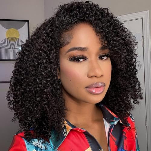 Kinky Curly Half Wig Human Hair 250% Density 16 Inch Burmese Kinkycurly Wig Human Hair,3 In 1 Seamless Flip Over Drawstring Ponytail Headband Wig Human Hair Glueless Wear and Go