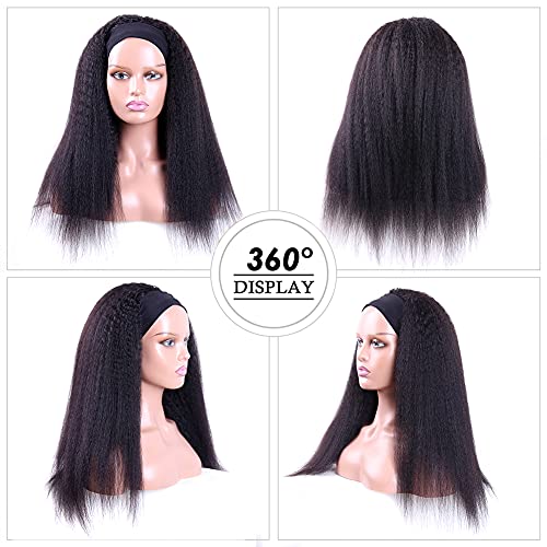 Headband Wigs Human Hair 180% Density 12A Kinky Straight Human Hair Headband Wigs For Black Women Yaki Straight Human Hair Wigs With Headband Attached Natural Black Color 24 Inch