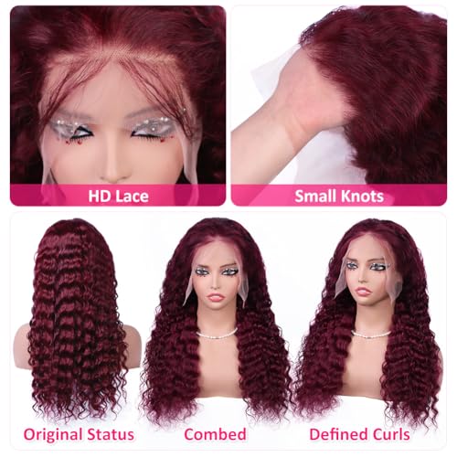 Hedy 99J Burgundy Deep Wave Human Hair Wigs for Women Pre Plucked with Baby Hair Glueless 13x6 HD Transparent Curly Lace Front Wigs Human Hair 180% Density Deep Wave Lace Frontal Wigs 22 Inch