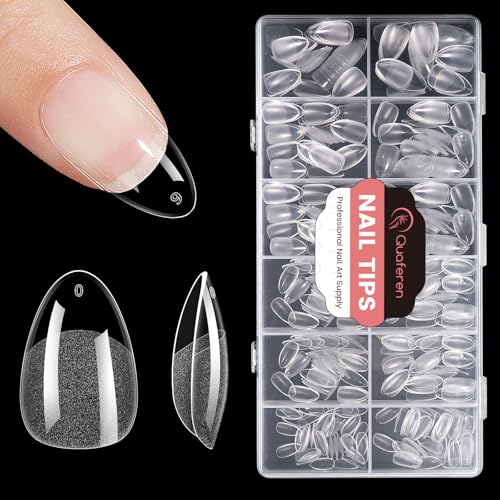 Quaferen Almond Nail Tips Short: 504pcs Pre-shape Acrylic Fake Nails Tips Almond Shape - 12 Sizes Soft Gel Full Cover Clear Gelly Press on False Tip for Nail Extension Salon Home