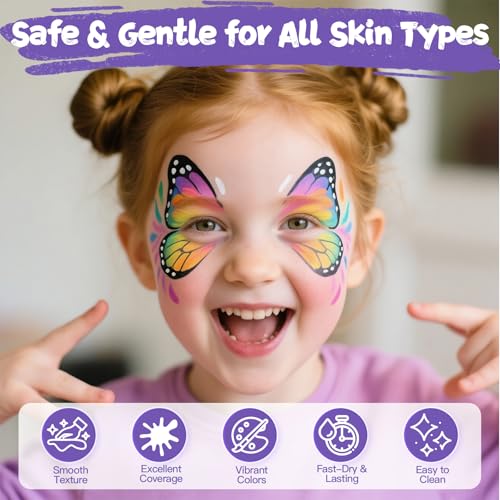 Face Painting Kit for Kids, 12 Colors Oil-Based Face Paint with 2 Brushes, Non-Toxic Halloween Makeup Kit, Professional Face Body Paint for Halloween, Parties, Carnival, School Events