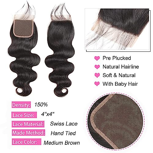 Body Wave 4 Bundles with Closure 100% Unprocessed Brazilian Body Wave Human Hair Weave with 4x4 Free Part Lace Closure Natural Color (18 20 22 24+16 Inch)