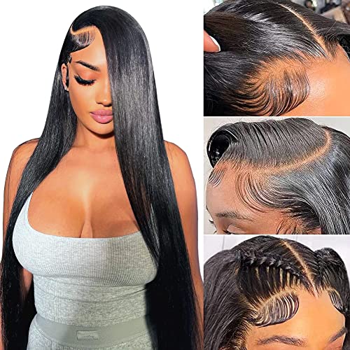 Ossilee 30 Inch Straight Lace Front Wigs Human Hair Pre Plucked 180% Density 13x4 HD Transparent Lace Frontal Wigs for Black Women Glueless 10A Brazilian Virgin Human Hair Wig Natrual Hairline
