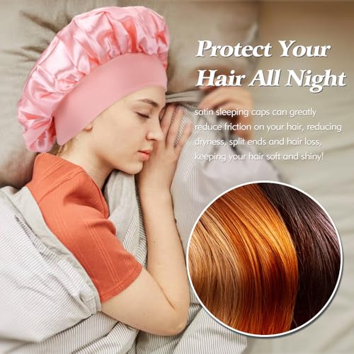 Lawie 8 Pack Colors Satin Lined Silky Sleeping Bonnets Shower Caps Curly Long Hair Protector Night Large Adjustable Wide Brim Band Sleep Hats Hair Wraps for Women Girls (Feminine Colors)